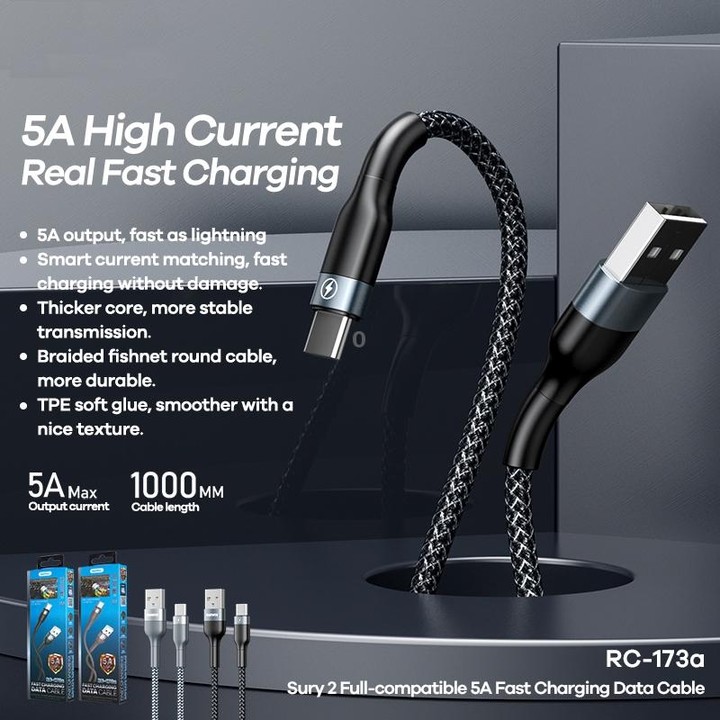 REMAX RC-173a 5A USB to USB-C / Type-C Sury 2 Fully Compatible Fast Charging Data Cable, Cable Length: 1m (Silver)
