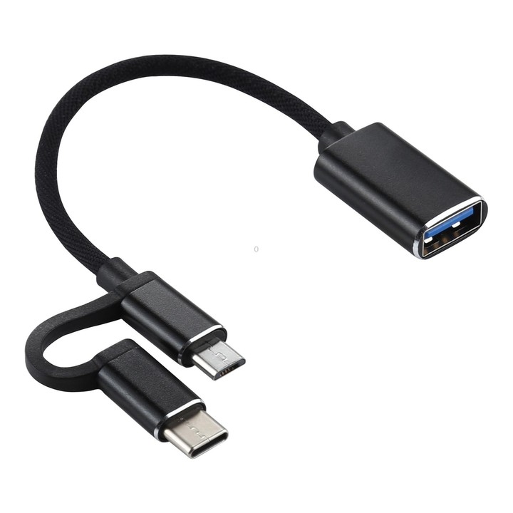 USB 3.0 Female to Micro USB + USB-C / Type-C Male Charging + Transmission OTG Nylon Braided Adapter Cable, Cable Length: 11cm(Bl