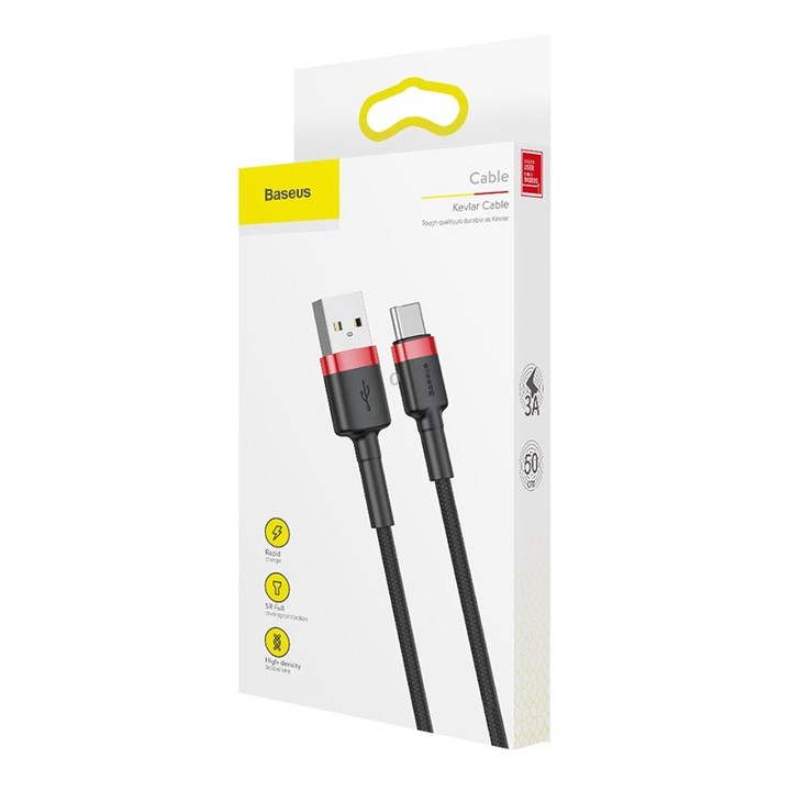 Baseus Kevlar 50cm 3A Max USB to USB-C / Type-C Data Sync Charge Cable(Red+Black)