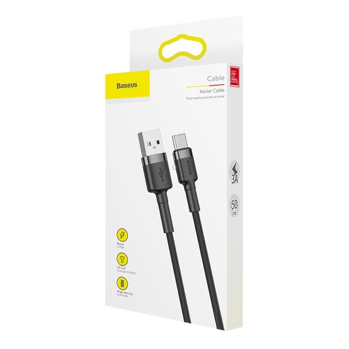 Baseus Kevlar 50cm 3A Max USB to USB-C / Type-C Data Sync Charge Cable(Grey+Black)
