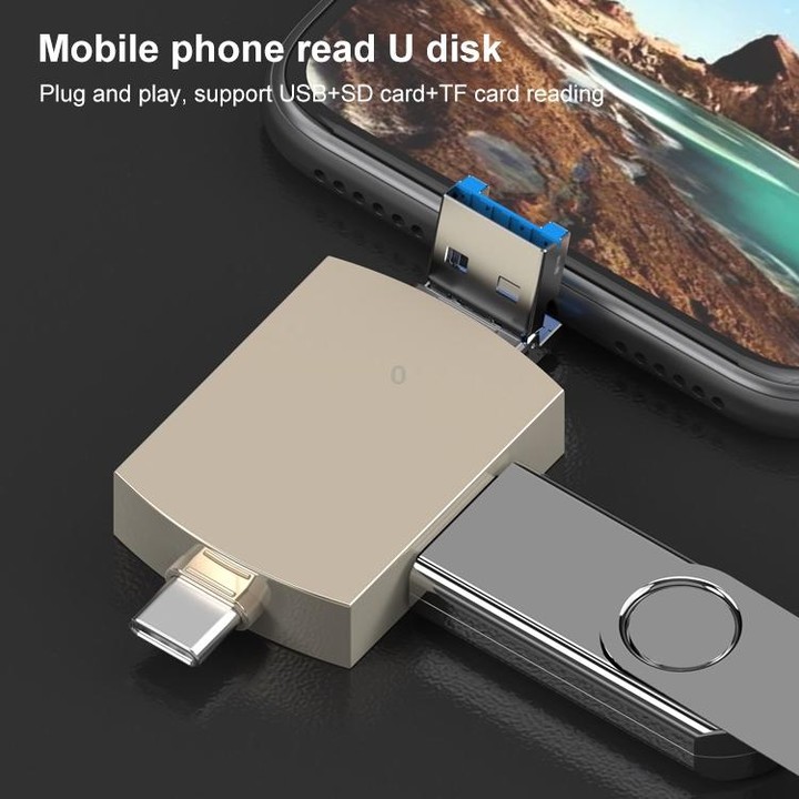 3 in 1 USB-C / Type-C to USB + Micro USB OTG Adapter TF / SD Card Card Reader(Gold)