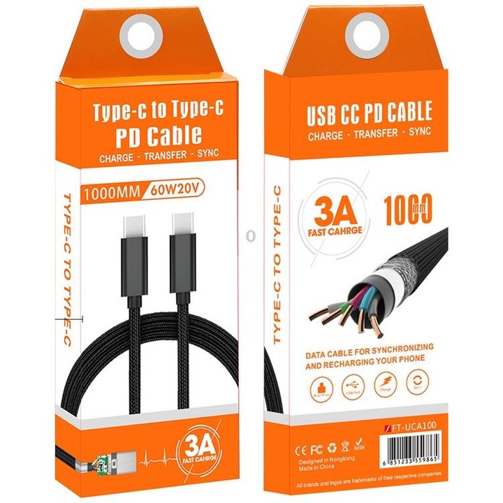 60W PD USB-C / Type-C Male to USB-C / Type-C Male Braided Data Cable, Cable Length: 1m