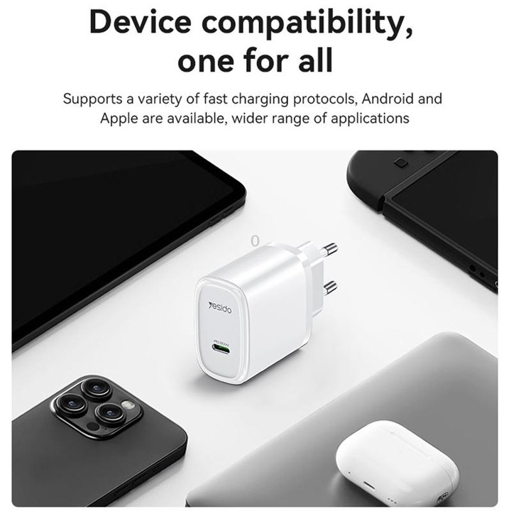 Yesido YC57B PD 20W USB-C / Type-C Single Port Quick Charger, EU Plug (Black)