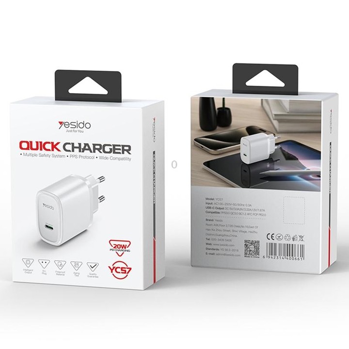 Yesido YC57B PD 20W USB-C / Type-C Single Port Quick Charger, EU Plug (Black)