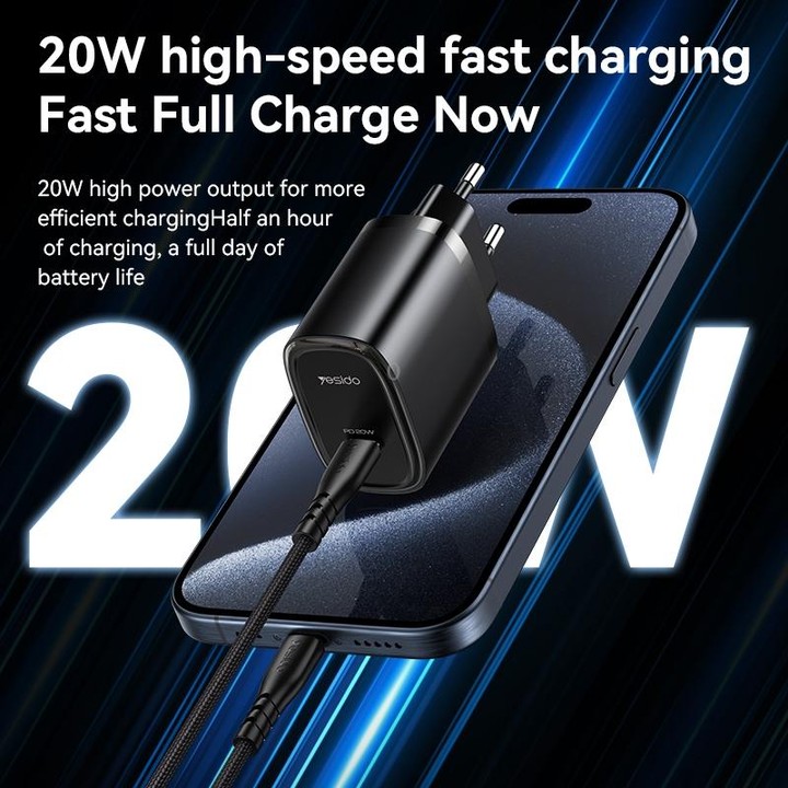 Yesido YC57B PD 20W USB-C / Type-C Single Port Quick Charger, EU Plug (Black)