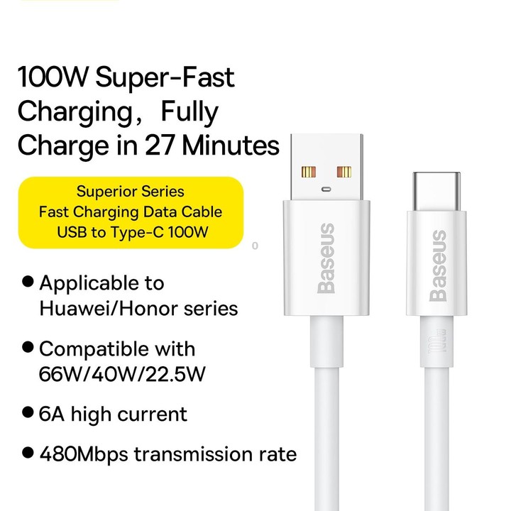 Baseus P10320102214-02 100W USB to USB-C / Type-C Fast Charging Data Cable, Length: 1.5m(White)