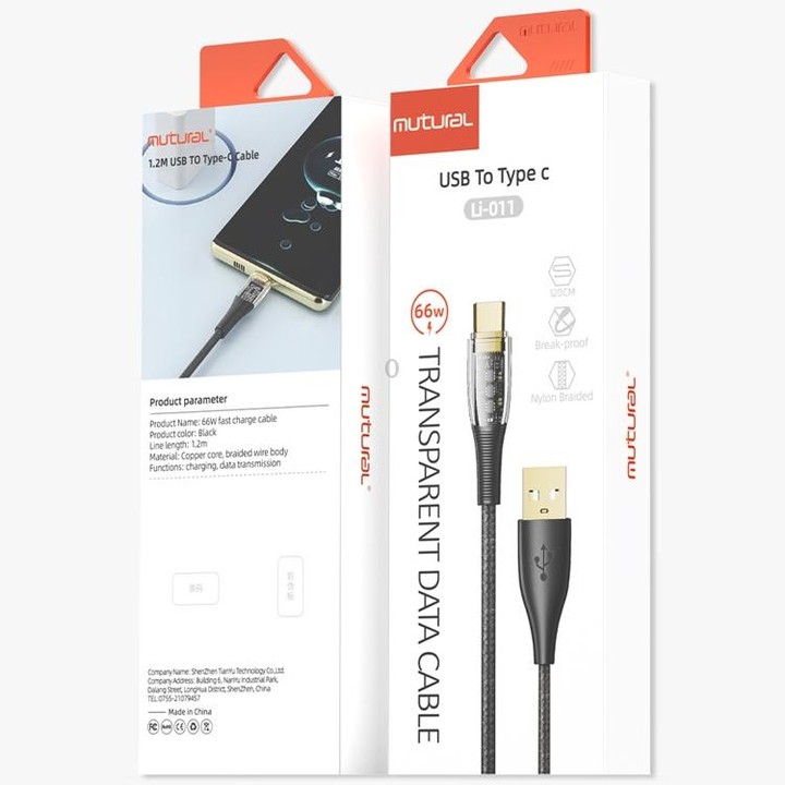 Mutural Li-CC011 1.2m 66W Transparent USB to Type-C Charging Data Cable
