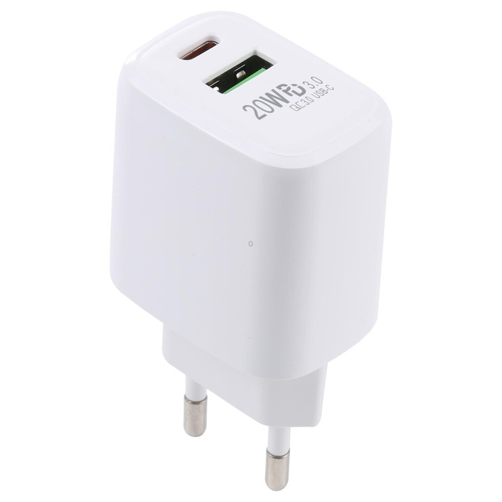 LZ-215A+C 20W QC 3.0 USB + PD 3.0 USB-C / Type-C Fast Charging Travel Charger, EU Plug