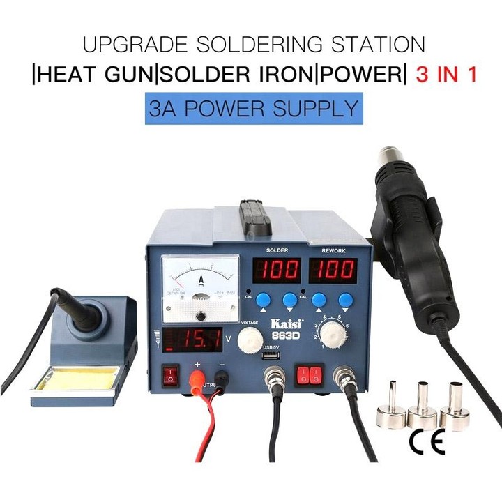 Kaisi K-863D 3 in 1 Hot Air Gun Soldering Station SMD Rework Station With 3A DC Power Supply for Phone PCB Welding Repair Machin
