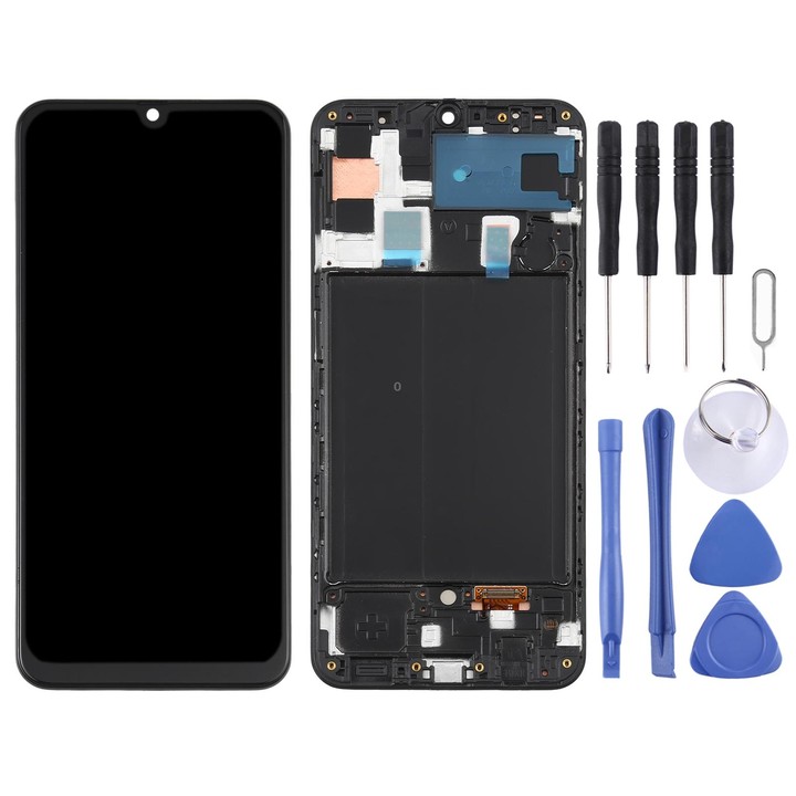 Original Super AMOLED LCD Screen for Galaxy A50 Digitizer Full Assembly with Frame(Black)