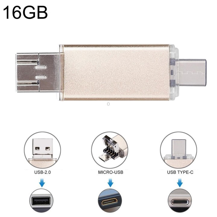 16GB 3 in 1 USB-C / Type-C + USB 2.0 + OTG Flash Disk, For Type-C Smartphones & PC Computer(Gold)