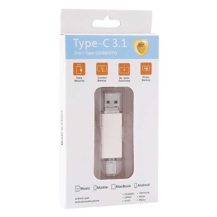 16GB 3 in 1 USB-C / Type-C + USB 2.0 + OTG Flash Disk, For Type-C Smartphones & PC Computer(Gold)
