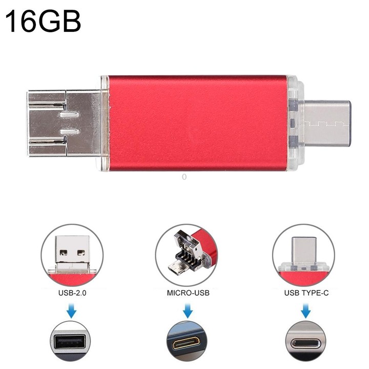 16GB 3 in 1 USB-C / Type-C + USB 2.0 + OTG Flash Disk, For Type-C Smartphones & PC Computer(Red)