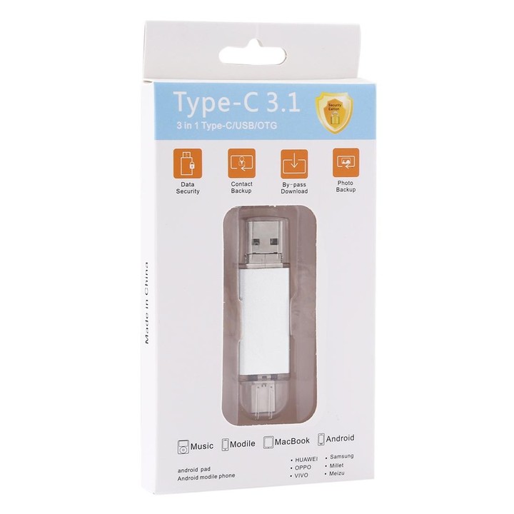32GB 3 in 1 USB-C / Type-C + USB 2.0 + OTG Flash Disk, For Type-C Smartphones & PC Computer (Silver)