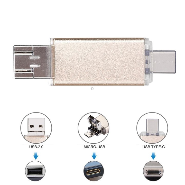 64GB 3 in 1 USB-C / Type-C + USB 2.0 + OTG Flash Disk, For Type-C Smartphones & PC Computer (Gold)
