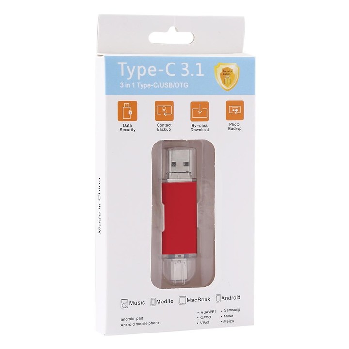 64GB 3 in 1 USB-C / Type-C + USB 2.0 + OTG Flash Disk, For Type-C Smartphones & PC Computer (Red)