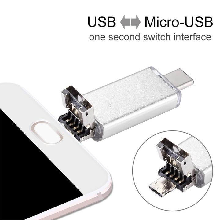 64GB 3 in 1 USB-C / Type-C + USB 2.0 + OTG Flash Disk, For Type-C Smartphones & PC Computer (Silver)