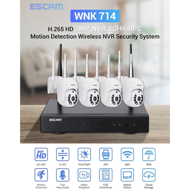 ESCAM WNK714 3.0 Million Pixels 4-channel HD Dome Camera NVR Wireless Monitoring Kit, UK Plug
