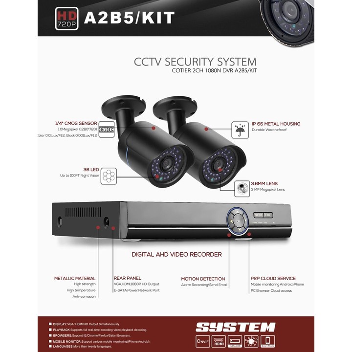 A2B5 720P 1.0 Mega Pixel 2 x Bullet AHD Cameras AHD DVR Kit, Support Night Vision / Motion Detection, IR Distance: 20m(Black)