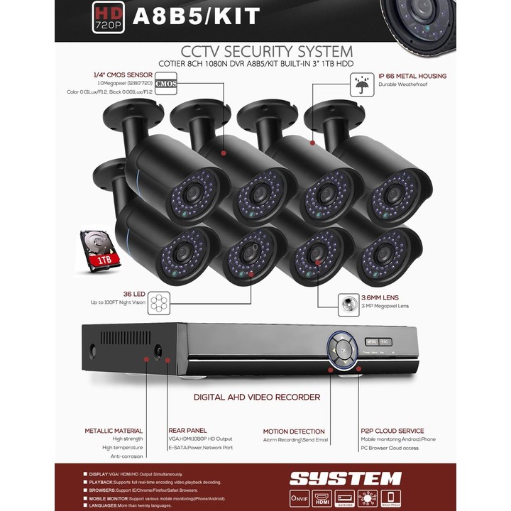 A8B5 8 Channel 720P 1.0 Mega Pixel 8 x Bullet IP Cameras AHD DVR Kit with 1TB HDD Disk, Support Night Vision / Motion Detection,