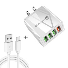 2 in 1 USB to USB-C / Type-C Data Cable + 30W QC 3.0 4 USB Interfaces Mobile Phone Tablet PC Universal Quick Charger Travel Char