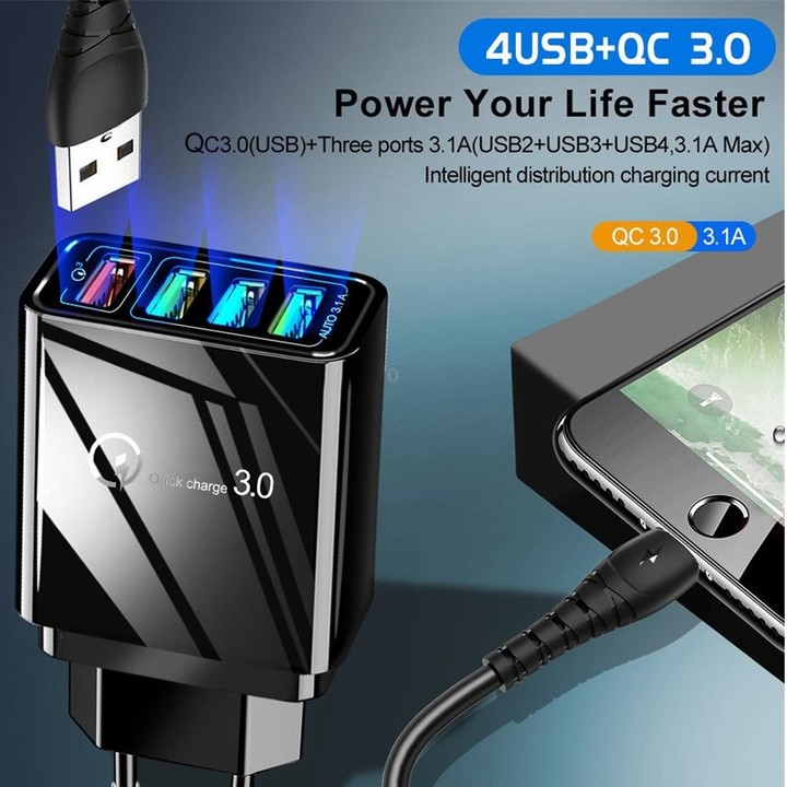 2 in 1 USB to USB-C / Type-C Data Cable + 30W QC 3.0 4 USB Interfaces Mobile Phone Tablet PC Universal Quick Charger Travel Char