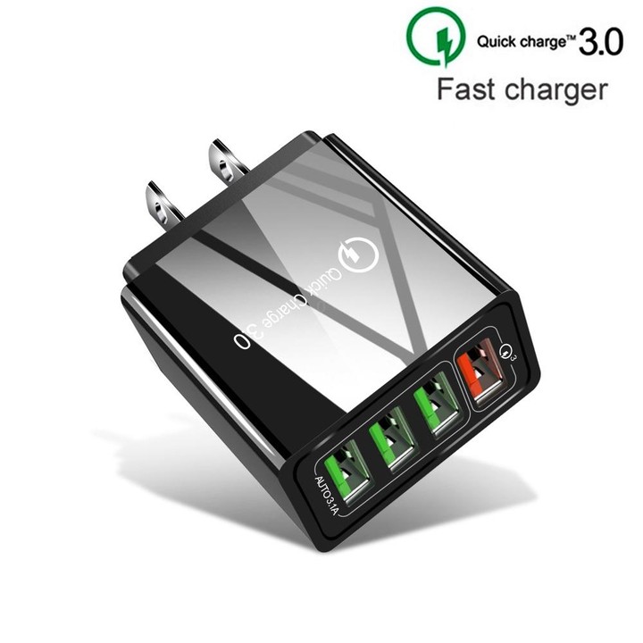 2 in 1 USB to USB-C / Type-C Data Cable + 30W QC 3.0 4 USB Interfaces Mobile Phone Tablet PC Universal Quick Charger Travel Char