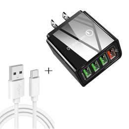 2 in 1 USB to USB-C / Type-C Data Cable + 30W QC 3.0 4 USB Interfaces Mobile Phone Tablet PC Universal Quick Charger Travel Char