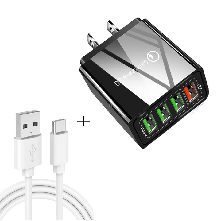 2 in 1 USB to USB-C / Type-C Data Cable + 30W QC 3.0 4 USB Interfaces Mobile Phone Tablet PC Universal Quick Charger Travel Char