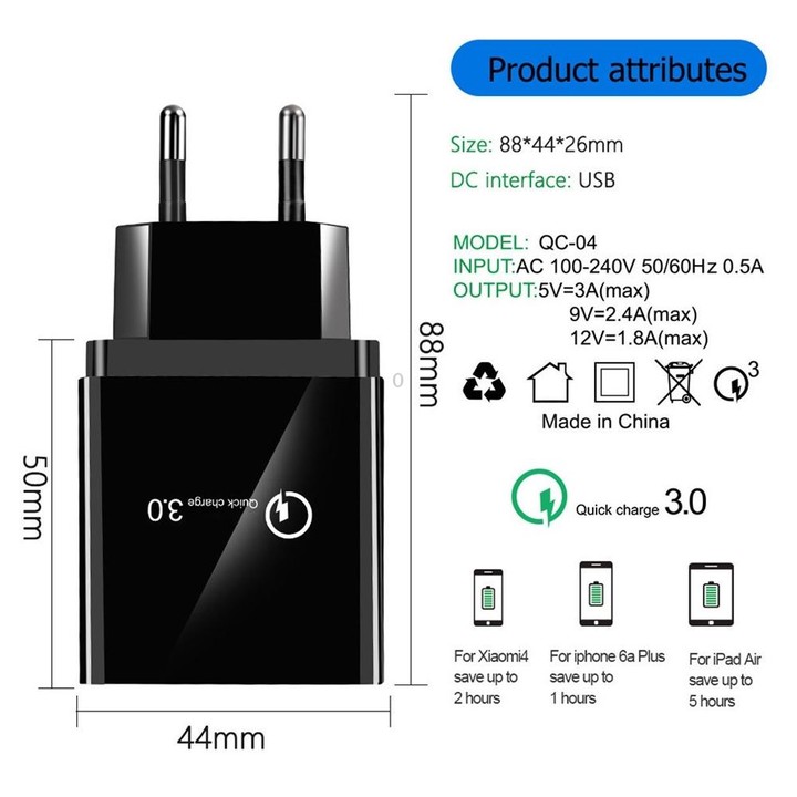 2 in 1 USB to USB-C / Type-C Data Cable + 30W QC 3.0 4 USB Interfaces Mobile Phone Tablet PC Universal Quick Charger Travel Char