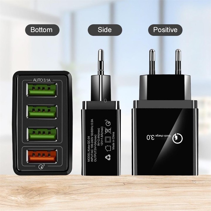 2 in 1 USB to USB-C / Type-C Data Cable + 30W QC 3.0 4 USB Interfaces Mobile Phone Tablet PC Universal Quick Charger Travel Char