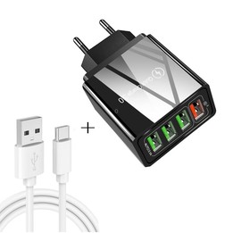 2 in 1 USB to USB-C / Type-C Data Cable + 30W QC 3.0 4 USB Interfaces Mobile Phone Tablet PC Universal Quick Charger Travel Char