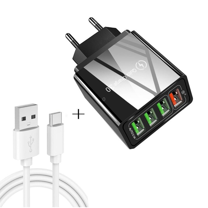 2 in 1 USB to USB-C / Type-C Data Cable + 30W QC 3.0 4 USB Interfaces Mobile Phone Tablet PC Universal Quick Charger Travel Char