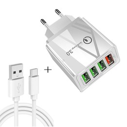 2 in 1 USB to USB-C / Type-C Data Cable + 30W QC 3.0 4 USB Interfaces Mobile Phone Tablet PC Universal Quick Charger Travel Char