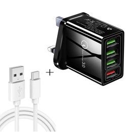 2 in 1 1m USB to USB-C / Type-C Data Cable + 30W QC 3.0 4 USB Interfaces Mobile Phone Tablet PC Universal Quick Charger Travel C