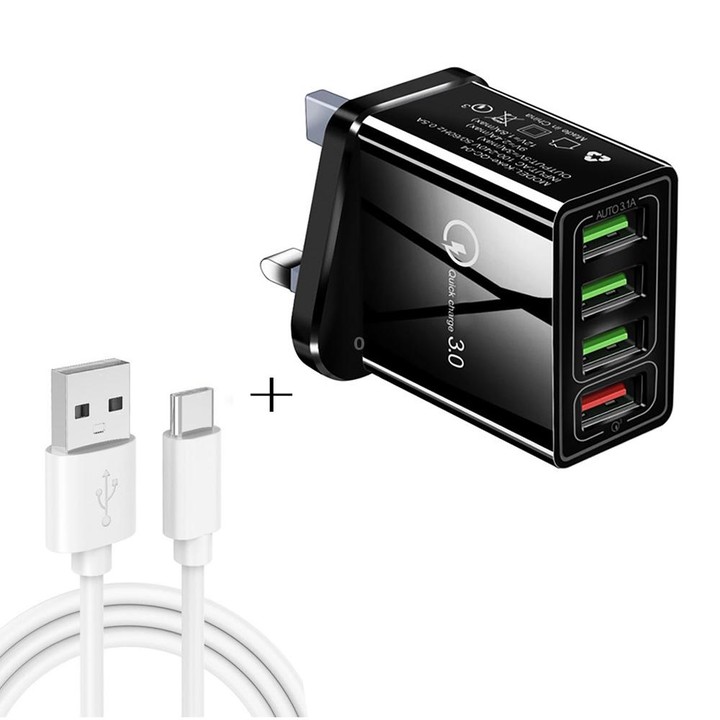 2 in 1 1m USB to USB-C / Type-C Data Cable + 30W QC 3.0 4 USB Interfaces Mobile Phone Tablet PC Universal Quick Charger Travel C