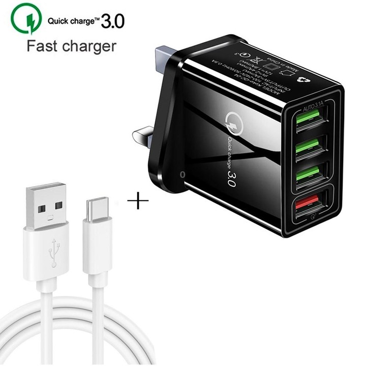 2 in 1 1m USB to USB-C / Type-C Data Cable + 30W QC 3.0 4 USB Interfaces Mobile Phone Tablet PC Universal Quick Charger Travel C