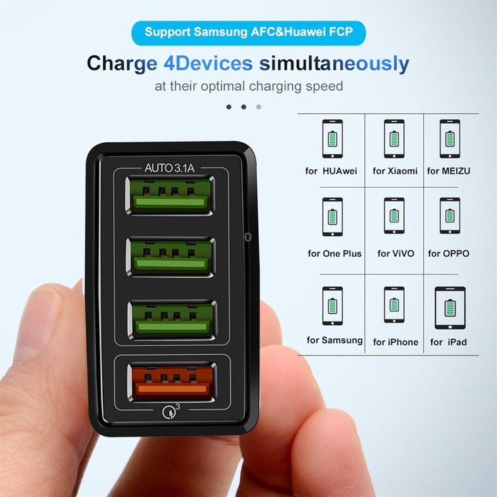 2 in 1 1m USB to USB-C / Type-C Data Cable + 30W QC 3.0 4 USB Interfaces Mobile Phone Tablet PC Universal Quick Charger Travel C