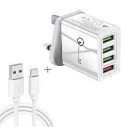 2 in 1 1m USB to USB-C / Type-C Data Cable + 30W QC 3.0 4 USB Interfaces Mobile Phone Tablet PC Universal Quick Charger Travel C