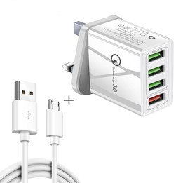 2 in 1 1m USB to Micro USB Data Cable + 30W QC 3.0 4 USB Interfaces Mobile Phone Tablet PC Universal Quick Charger Travel Charge