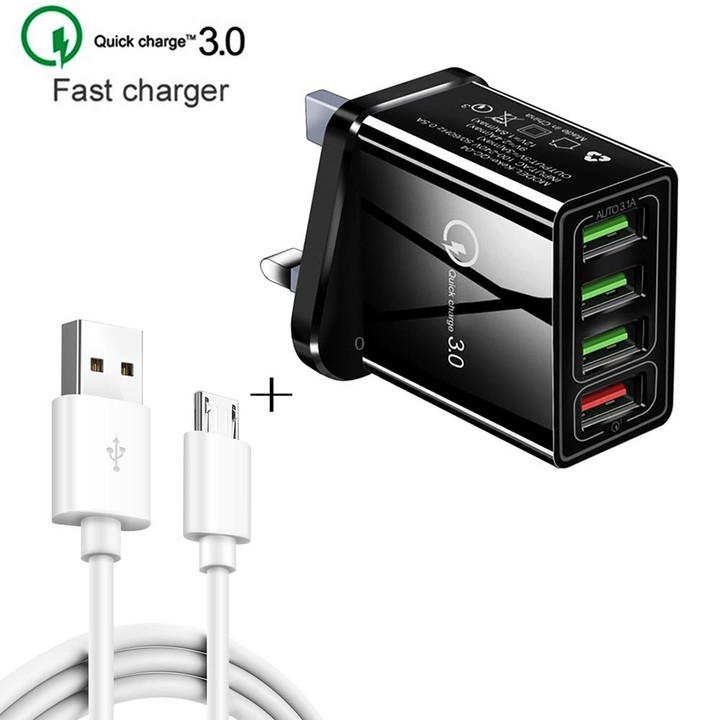 2 in 1 1m USB to Micro USB Data Cable + 30W QC 3.0 4 USB Interfaces Mobile Phone Tablet PC Universal Quick Charger Travel Charge