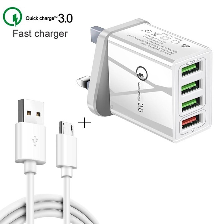 2 in 1 1m USB to Micro USB Data Cable + 30W QC 3.0 4 USB Interfaces Mobile Phone Tablet PC Universal Quick Charger Travel Charge