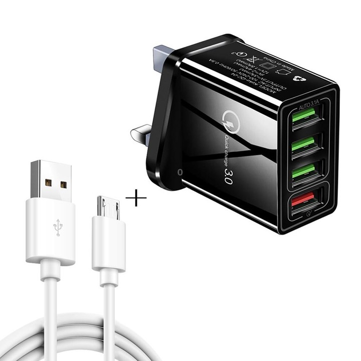 2 in 1 1m USB to Micro USB Data Cable + 30W QC 3.0 4 USB Interfaces Mobile Phone Tablet PC Universal Quick Charger Travel Charge