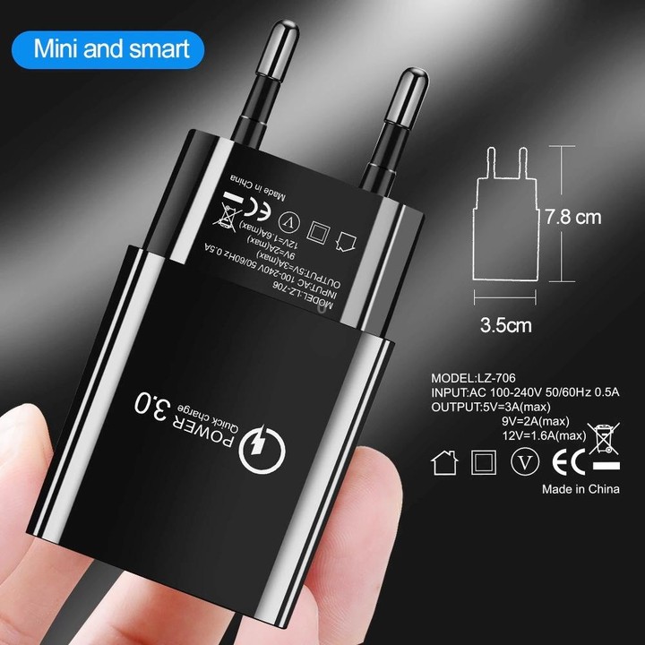 Mini QC3.0 USB 18W Mobile Phone Tablet Universal Fast Charger, EU Plug(Black)