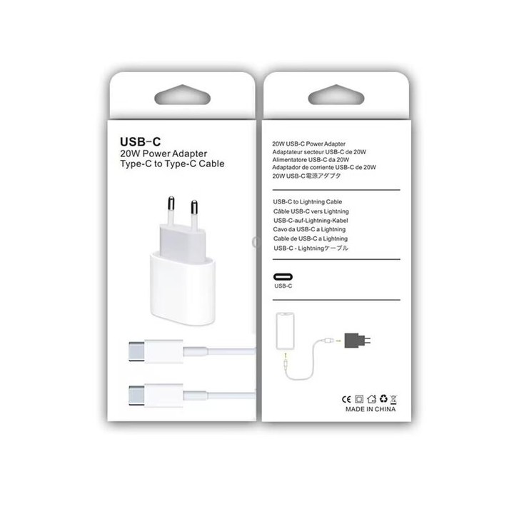 2 in 1 PD 20W Single USB-C / Type-C Port Travel Charger + 3A PD3.0 USB-C / Type-C to USB-C / Type-C Fast Charge Data Cable Set,