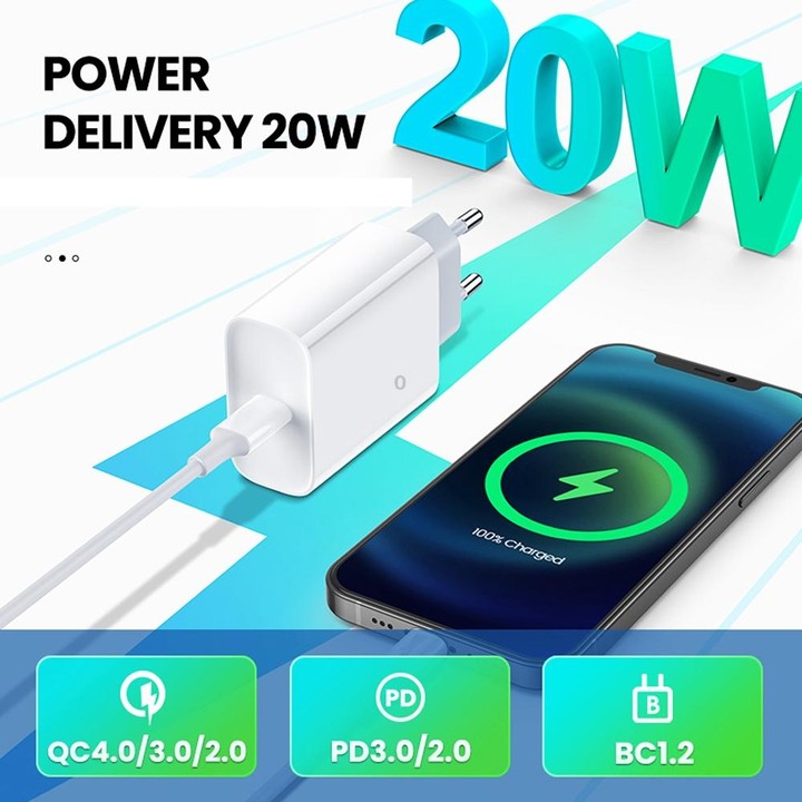 2 in 1 PD 20W Single USB-C / Type-C Port Travel Charger + 3A PD3.0 USB-C / Type-C to 8 Pin Fast Charge Data Cable Set, Cable Len