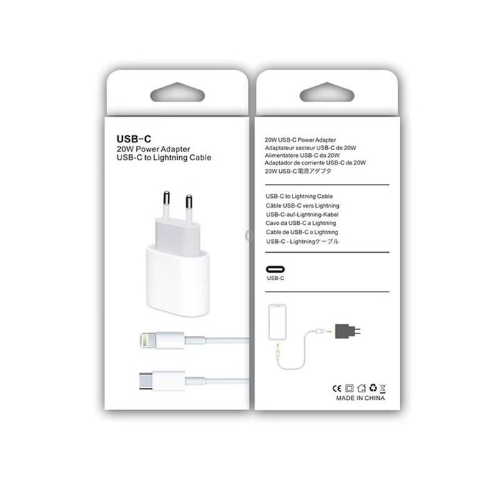 2 in 1 PD 20W Single USB-C / Type-C Port Travel Charger + 3A PD3.0 USB-C / Type-C to 8 Pin Fast Charge Data Cable Set, Cable Len