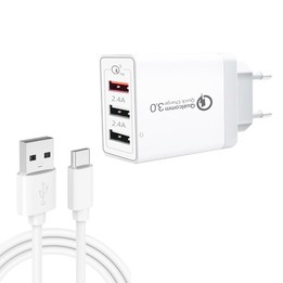 SDC-30W 2 in 1 USB to USB-C / Type-C Data Cable + 30W QC 3.0 USB + 2.4A Dual USB 2.0 Ports Mobile Phone Tablet PC Universal Quic