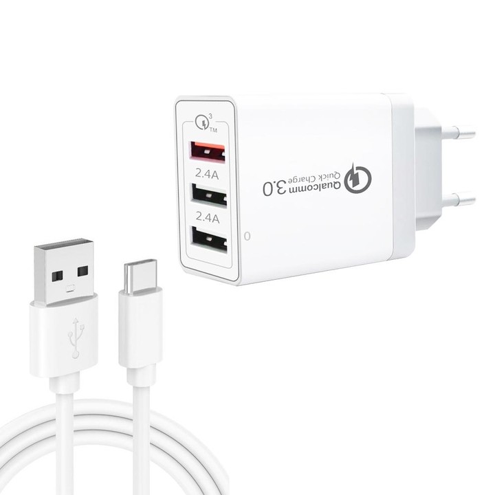 SDC-30W 2 in 1 USB to USB-C / Type-C Data Cable + 30W QC 3.0 USB + 2.4A Dual USB 2.0 Ports Mobile Phone Tablet PC Universal Quic