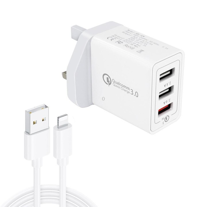 SDC-30W 2 in 1 USB to 8 Pin Data Cable + 30W QC 3.0 USB + 2.4A Dual USB 2.0 Ports Mobile Phone Tablet PC Universal Quick Charger